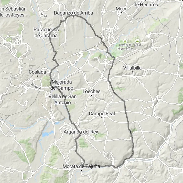 Map miniature of "From Tielmes to Perales de Tajuña" cycling inspiration in Comunidad de Madrid, Spain. Generated by Tarmacs.app cycling route planner