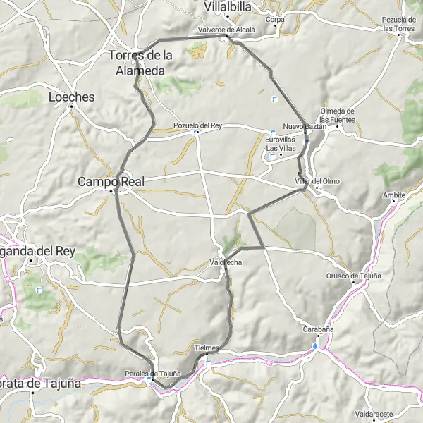 Miniatua del mapa de inspiración ciclista "Ruta en carretera cerca de Tielmes" en Comunidad de Madrid, Spain. Generado por Tarmacs.app planificador de rutas ciclistas