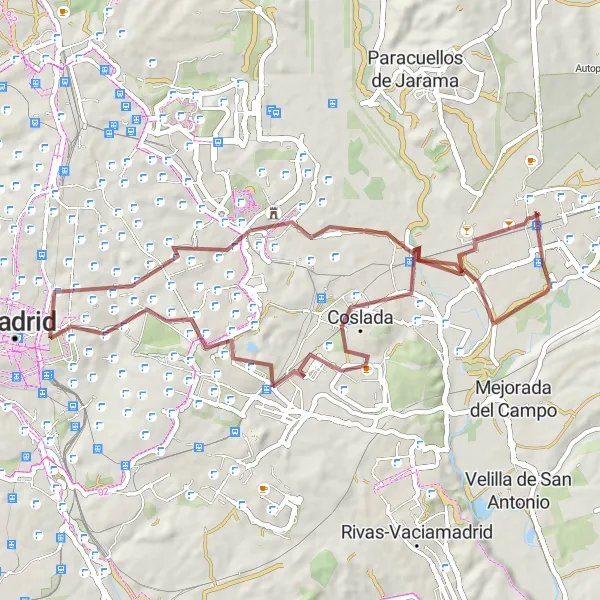 Map miniature of "Gravel Pathways in Madrid's Eastern Surroundings" cycling inspiration in Comunidad de Madrid, Spain. Generated by Tarmacs.app cycling route planner