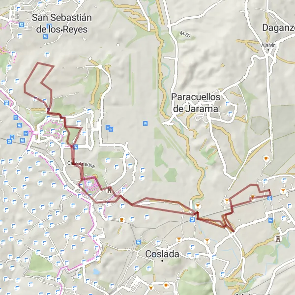 Map miniature of "Hidden Delights: Gravel Pathways in Madrid's Surroundings" cycling inspiration in Comunidad de Madrid, Spain. Generated by Tarmacs.app cycling route planner