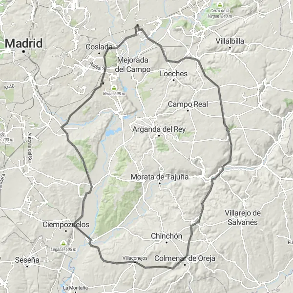 Miniatua del mapa de inspiración ciclista "Ruta de Torrejón a Torres de la Alameda" en Comunidad de Madrid, Spain. Generado por Tarmacs.app planificador de rutas ciclistas