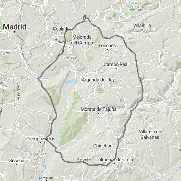 Miniatuurkaart van de fietsinspiratie "Rondje Torres de la Alameda en Valdilecha" in Comunidad de Madrid, Spain. Gemaakt door de Tarmacs.app fietsrouteplanner