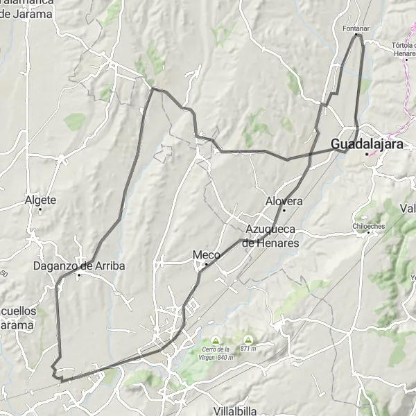 Miniatua del mapa de inspiración ciclista "Ruta de Torrejón a Alcalá de Henares" en Comunidad de Madrid, Spain. Generado por Tarmacs.app planificador de rutas ciclistas