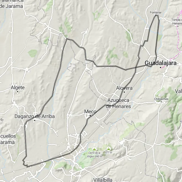 Miniatuurkaart van de fietsinspiratie "Rondje Cerro de la Calahorra en Alcalá de Henares" in Comunidad de Madrid, Spain. Gemaakt door de Tarmacs.app fietsrouteplanner