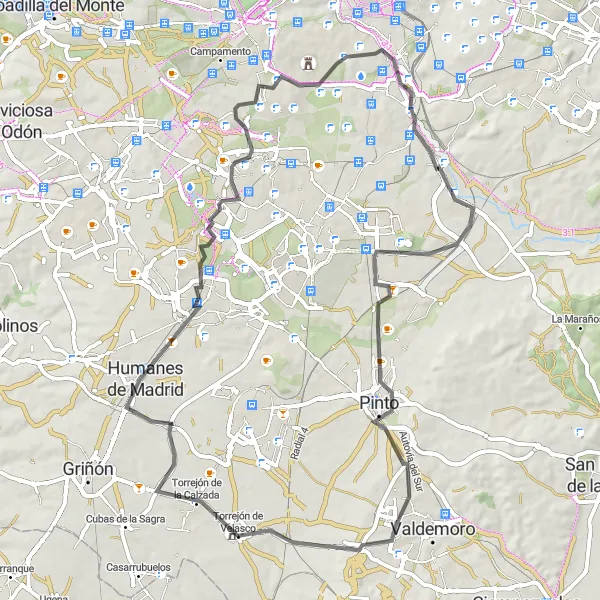 Map miniature of "Torrejón de Velasco Loop" cycling inspiration in Comunidad de Madrid, Spain. Generated by Tarmacs.app cycling route planner