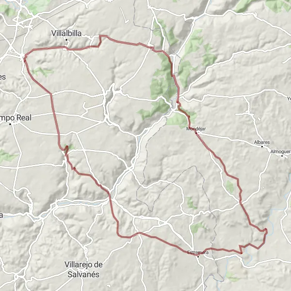 Map miniature of "The Challenging Hills: Valverde de Alcalá to Pozuelo del Rey" cycling inspiration in Comunidad de Madrid, Spain. Generated by Tarmacs.app cycling route planner