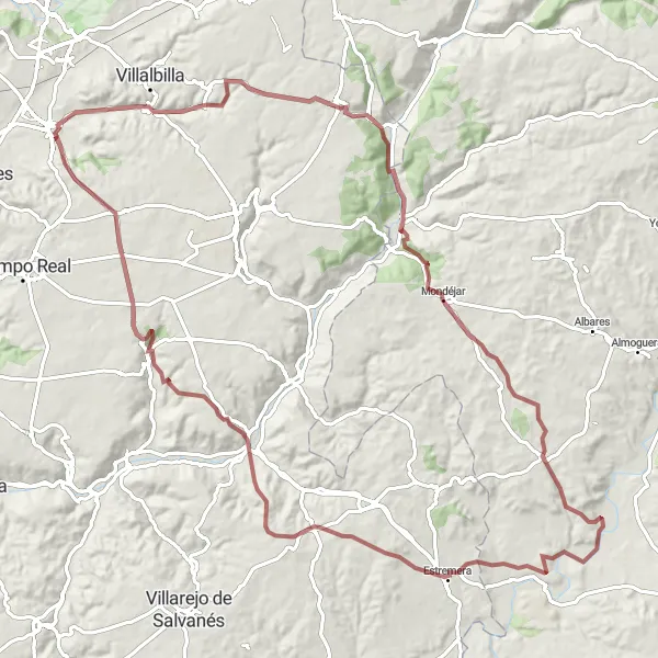 Miniatuurkaart van de fietsinspiratie "Uitdagende grindroute van Torres de la Alameda naar Pozuelo del Rey via Valverde de Alcalá en Mondéjar" in Comunidad de Madrid, Spain. Gemaakt door de Tarmacs.app fietsrouteplanner