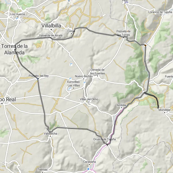 Map miniature of "Countryside Roads: Valverde de Alcalá to Pozuelo del Rey" cycling inspiration in Comunidad de Madrid, Spain. Generated by Tarmacs.app cycling route planner