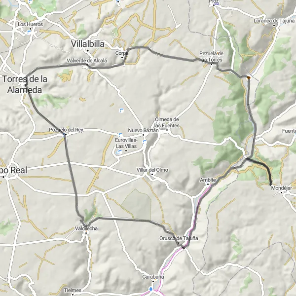 Miniatuurkaart van de fietsinspiratie "Tocht van Torres de la Alameda naar Pozuelo del Rey door Valverde de Alcalá en Orusco de Tajuña" in Comunidad de Madrid, Spain. Gemaakt door de Tarmacs.app fietsrouteplanner