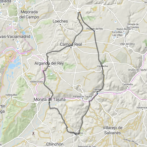 Miniatura mapy "Szlak przez Valdilecha i Torres de la Alameda" - trasy rowerowej w Comunidad de Madrid, Spain. Wygenerowane przez planer tras rowerowych Tarmacs.app