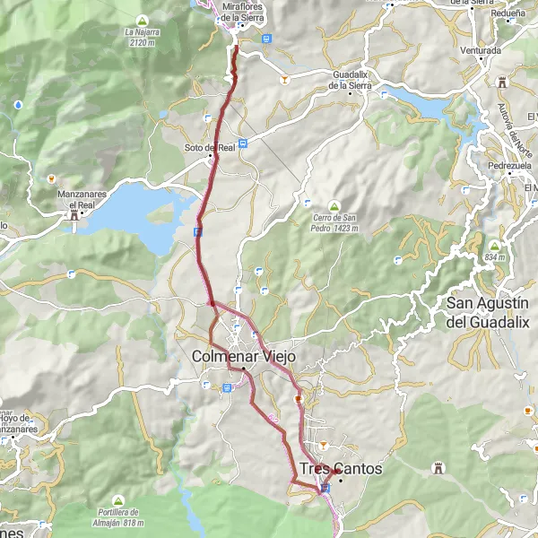 Miniatura mapy "Trasy rowerowe w okolicach Tres Cantos" - trasy rowerowej w Comunidad de Madrid, Spain. Wygenerowane przez planer tras rowerowych Tarmacs.app