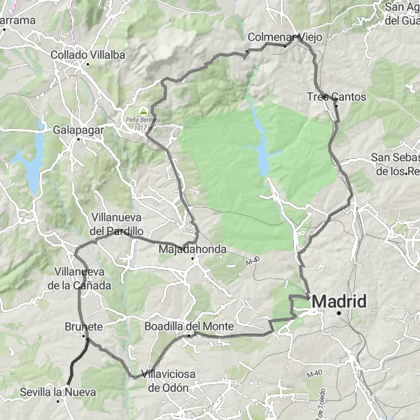 Miniatura mapy "Długa Trasa Kolarstwa Szosowego z Tres Cantos" - trasy rowerowej w Comunidad de Madrid, Spain. Wygenerowane przez planer tras rowerowych Tarmacs.app