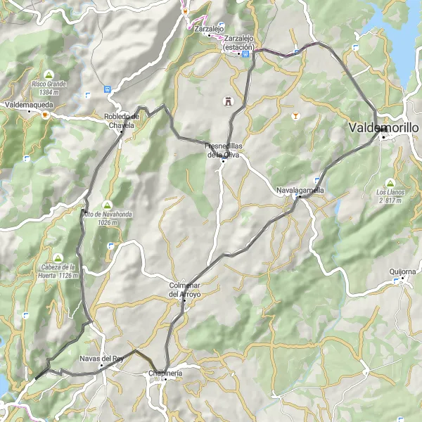 Map miniature of "The Navalagamella Challenge" cycling inspiration in Comunidad de Madrid, Spain. Generated by Tarmacs.app cycling route planner