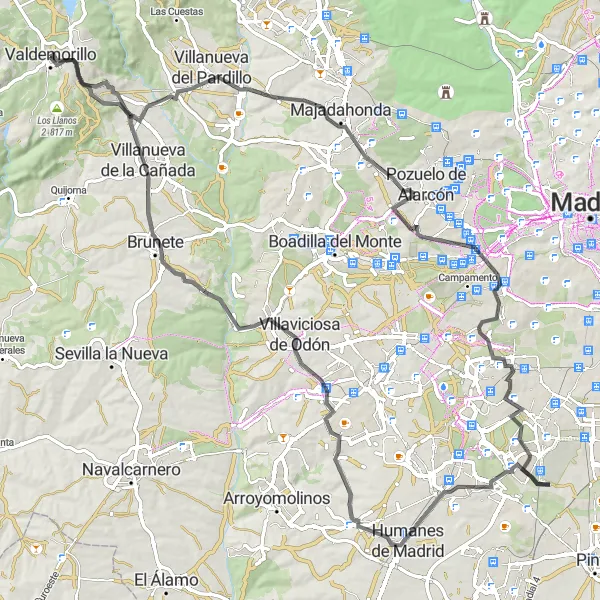 Map miniature of "The Valdemorillo Epic Ride" cycling inspiration in Comunidad de Madrid, Spain. Generated by Tarmacs.app cycling route planner