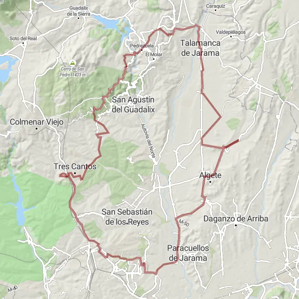 Miniatuurkaart van de fietsinspiratie "Avontuurlijk Gravelrit naar het Mirador de Valdebebas" in Comunidad de Madrid, Spain. Gemaakt door de Tarmacs.app fietsrouteplanner