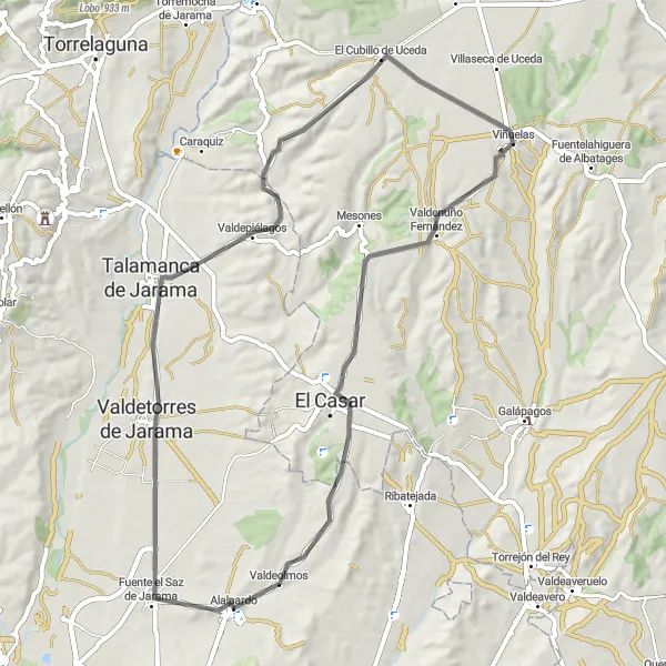 Map miniature of "Valdeolmos to Viñuelas Loop" cycling inspiration in Comunidad de Madrid, Spain. Generated by Tarmacs.app cycling route planner