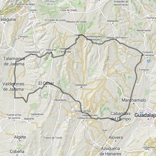 Map miniature of "Valdetorres de Jarama - Valdepiélagos Loop" cycling inspiration in Comunidad de Madrid, Spain. Generated by Tarmacs.app cycling route planner