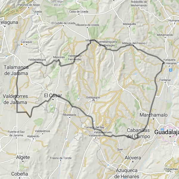 Miniatuurkaart van de fietsinspiratie "Toeristische fietstocht door Valdepiélagos" in Comunidad de Madrid, Spain. Gemaakt door de Tarmacs.app fietsrouteplanner