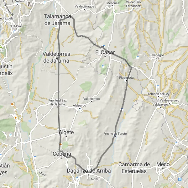 Map miniature of "Jarama Valley Loop" cycling inspiration in Comunidad de Madrid, Spain. Generated by Tarmacs.app cycling route planner