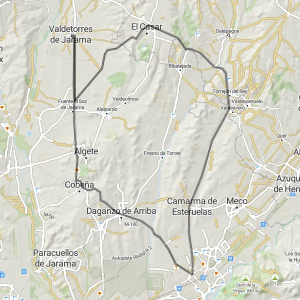 Map miniature of "Jarama Cultural Road Trip" cycling inspiration in Comunidad de Madrid, Spain. Generated by Tarmacs.app cycling route planner