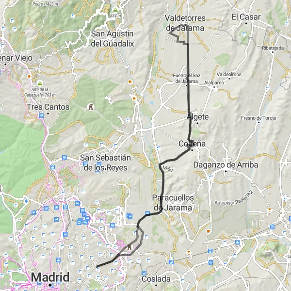 Miniatua del mapa de inspiración ciclista "Ruta de ciclismo de carretera desde Valdetorres de Jarama" en Comunidad de Madrid, Spain. Generado por Tarmacs.app planificador de rutas ciclistas