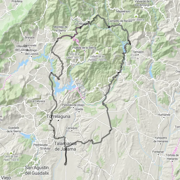 Miniatua del mapa de inspiración ciclista "Ruta de ciclismo de carretera desde Valdetorres de Jarama" en Comunidad de Madrid, Spain. Generado por Tarmacs.app planificador de rutas ciclistas