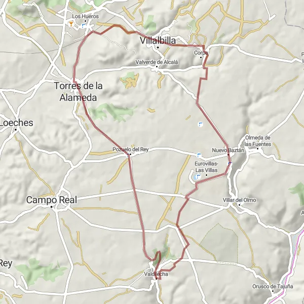 Miniatua del mapa de inspiración ciclista "Ruta de Gravel hacia Pozuelo del Rey, Villalbilla y Nuevo Baztán" en Comunidad de Madrid, Spain. Generado por Tarmacs.app planificador de rutas ciclistas