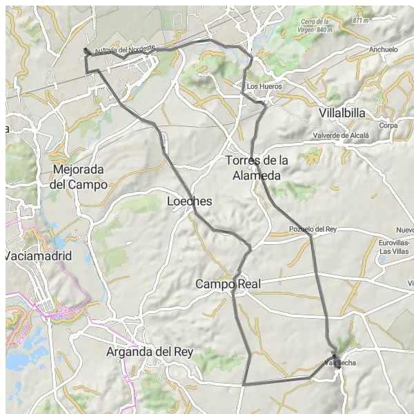 Miniatua del mapa de inspiración ciclista "Ruta de Carretera hacia Campo Real, Torrejón de Ardoz, Zulema-Peñas Albas, Torres de la Alameda y Pozuelo del Rey" en Comunidad de Madrid, Spain. Generado por Tarmacs.app planificador de rutas ciclistas