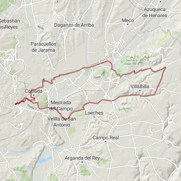 Miniatura mapy "Trasa z Vicálvaro do Velilla de San Antonio" - trasy rowerowej w Comunidad de Madrid, Spain. Wygenerowane przez planer tras rowerowych Tarmacs.app