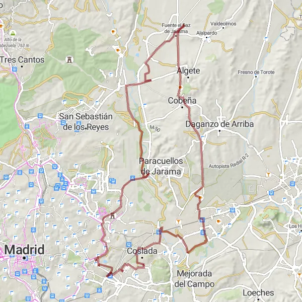 Map miniature of "Explore Gravel Paths to Coslada" cycling inspiration in Comunidad de Madrid, Spain. Generated by Tarmacs.app cycling route planner