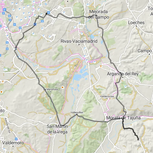 Miniatura mapy "Trasa szosowa z Vicálvaro do Perales del Río" - trasy rowerowej w Comunidad de Madrid, Spain. Wygenerowane przez planer tras rowerowych Tarmacs.app