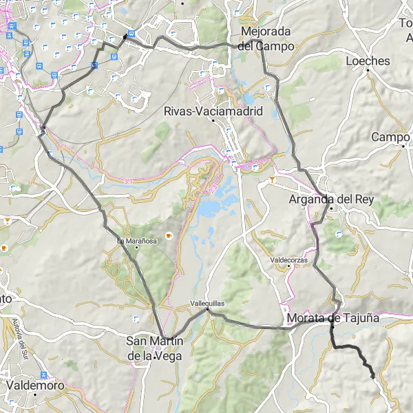 Map miniature of "The Ultimate Road Cycling Challenge" cycling inspiration in Comunidad de Madrid, Spain. Generated by Tarmacs.app cycling route planner