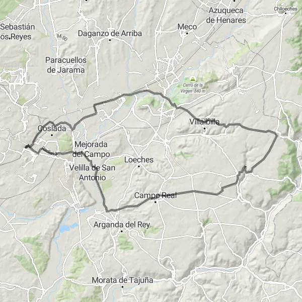 Miniatura mapy "Trasa szosowa z Vicálvaro do Velilla de San Antonio" - trasy rowerowej w Comunidad de Madrid, Spain. Wygenerowane przez planer tras rowerowych Tarmacs.app