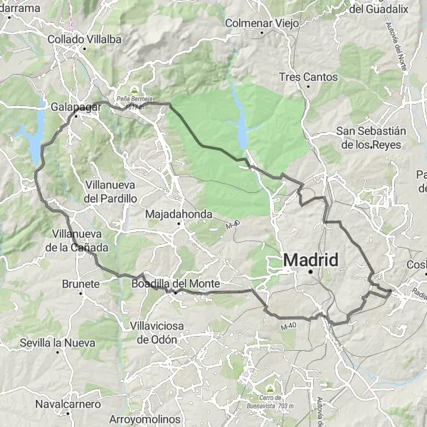 Map miniature of "Challenging Road Loop via Villanueva de la Cañada" cycling inspiration in Comunidad de Madrid, Spain. Generated by Tarmacs.app cycling route planner