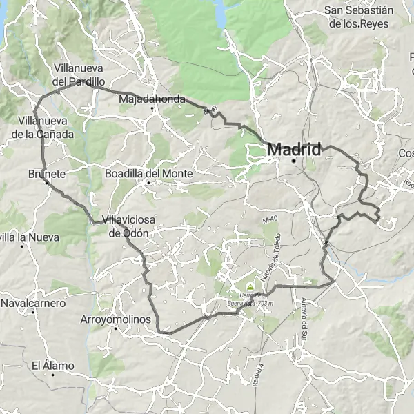 Map miniature of "The Majestic Madrid Road Trip" cycling inspiration in Comunidad de Madrid, Spain. Generated by Tarmacs.app cycling route planner