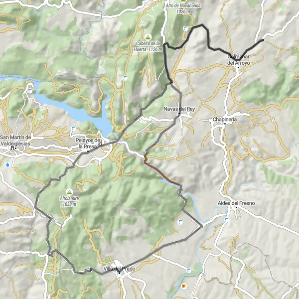 Map miniature of "Villa del Prado - Navas del Rey Road Route" cycling inspiration in Comunidad de Madrid, Spain. Generated by Tarmacs.app cycling route planner