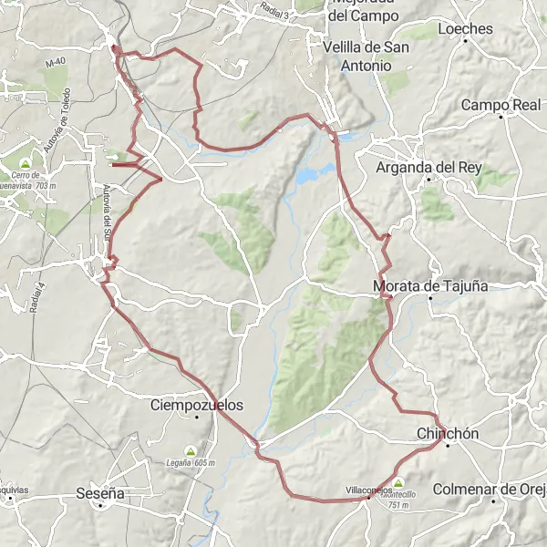 Map miniature of "Gravel Adventure to Villaconejos" cycling inspiration in Comunidad de Madrid, Spain. Generated by Tarmacs.app cycling route planner