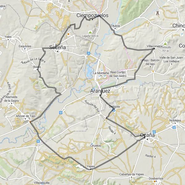 Miniatua del mapa de inspiración ciclista "Ruta de ciclismo de carretera desde Villaconejos" en Comunidad de Madrid, Spain. Generado por Tarmacs.app planificador de rutas ciclistas