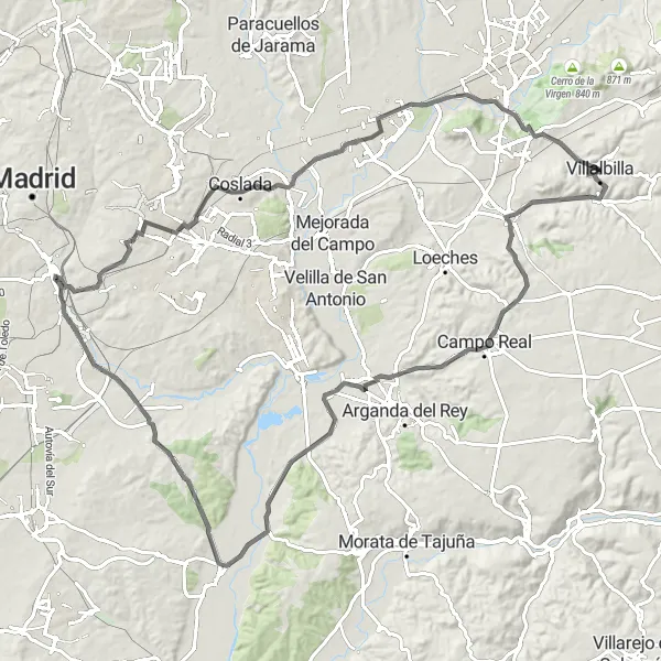 Miniatua del mapa de inspiración ciclista "Ruta Panorámica en Carretera por la Zona Este de Madrid" en Comunidad de Madrid, Spain. Generado por Tarmacs.app planificador de rutas ciclistas