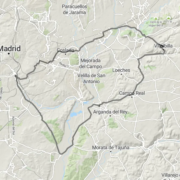 Map miniature of "Road route from Villalbilla: Valverde de Alcalá, Campo Real, Vallequillas, Perales del Río, La Atalaya, Vicálvaro, San Fernando de Henares, El Gurugú" cycling inspiration in Comunidad de Madrid, Spain. Generated by Tarmacs.app cycling route planner