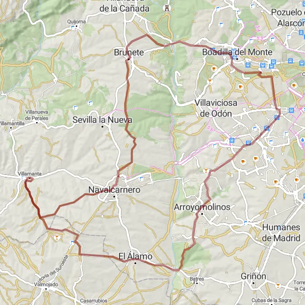 Miniatua del mapa de inspiración ciclista "Ruta de gravel desde Villamanta hasta Navalcarnero" en Comunidad de Madrid, Spain. Generado por Tarmacs.app planificador de rutas ciclistas