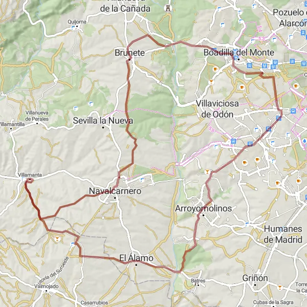 Map miniature of "Gravel Route 1" cycling inspiration in Comunidad de Madrid, Spain. Generated by Tarmacs.app cycling route planner