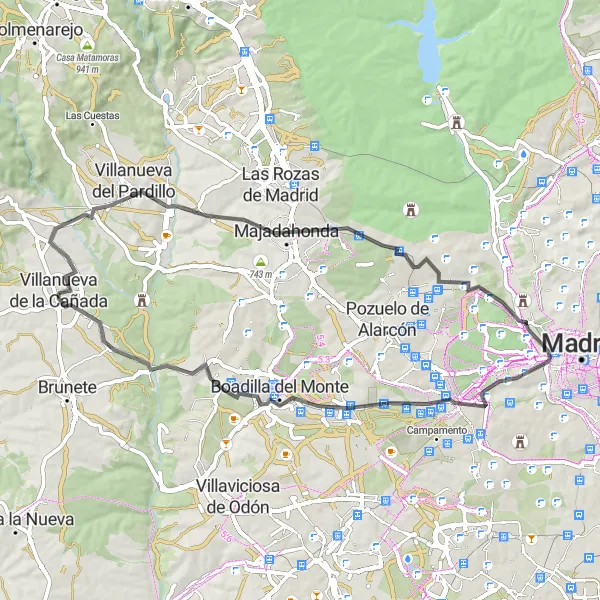 Miniatura mapy "Szlak rowerowy przez Majadahondę, Aravacę, Cerro de Morán, Cerro de la Micę, Arroyo Meaques, Boadilla del Monte i La Rayę del Palancar-Guadamonte" - trasy rowerowej w Comunidad de Madrid, Spain. Wygenerowane przez planer tras rowerowych Tarmacs.app