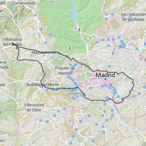 Miniatura mapy "Unikalna trasa rundowa (szosowa) w Villanueva del Pardillo" - trasy rowerowej w Comunidad de Madrid, Spain. Wygenerowane przez planer tras rowerowych Tarmacs.app
