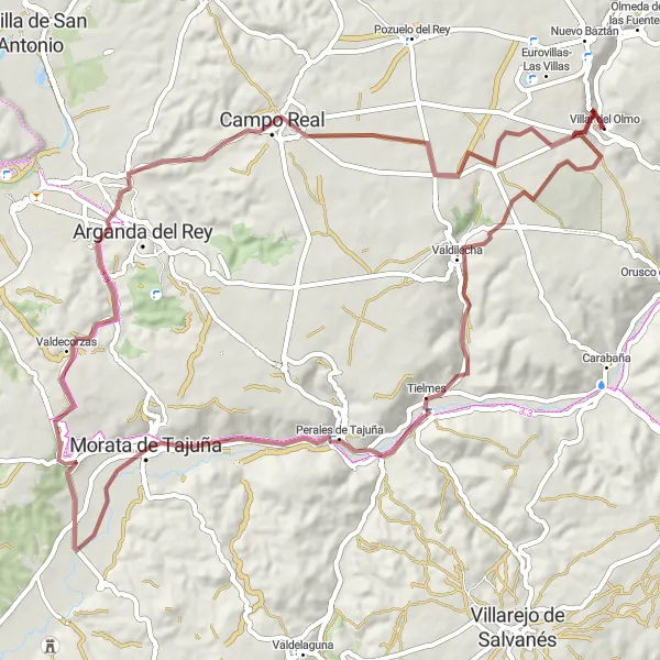 Miniatura mapy "Trasa gravelowa do Valdilecha" - trasy rowerowej w Comunidad de Madrid, Spain. Wygenerowane przez planer tras rowerowych Tarmacs.app