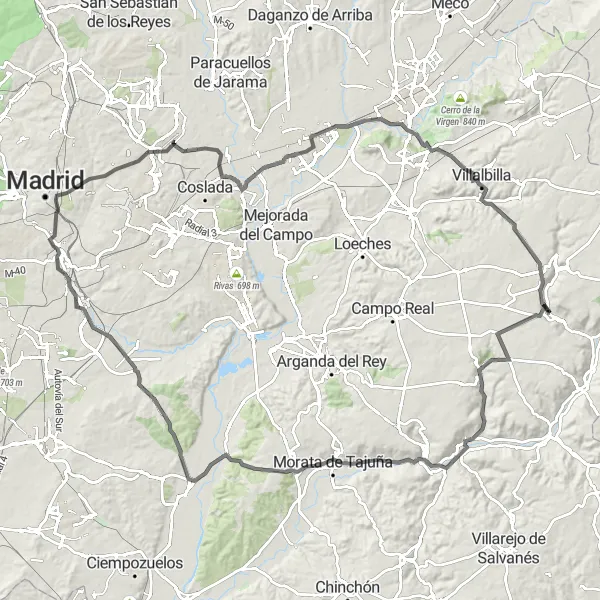 Map miniature of "The Ultimate Challenge" cycling inspiration in Comunidad de Madrid, Spain. Generated by Tarmacs.app cycling route planner