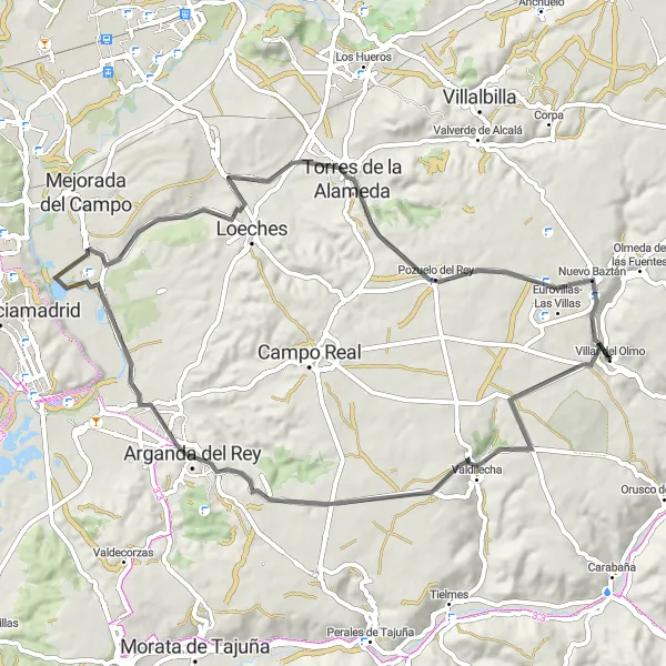 Map miniature of "Villar del Olmo Road Cycling Tour" cycling inspiration in Comunidad de Madrid, Spain. Generated by Tarmacs.app cycling route planner