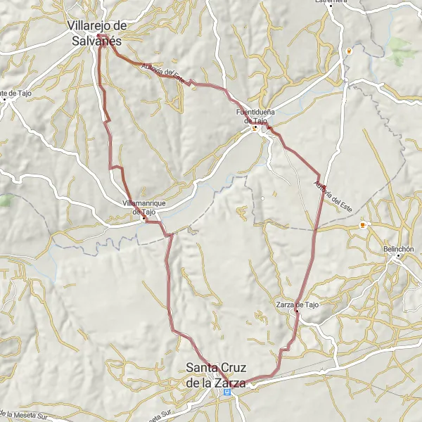 Miniatua del mapa de inspiración ciclista "Villarejo de Salvanés - Fuentidueña de Tajo - Zarza de Tajo - Santa Cruz de la Zarza - Villamanrique de Tajo - Castillo de Villarejo de Salvanés" en Comunidad de Madrid, Spain. Generado por Tarmacs.app planificador de rutas ciclistas