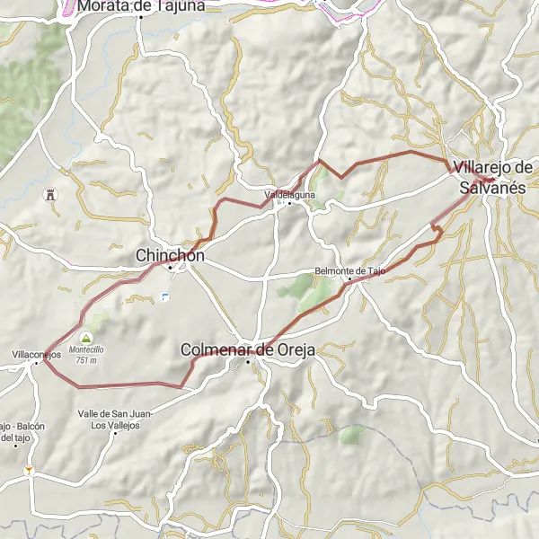 Miniatuurkaart van de fietsinspiratie "Gravelroute: Villarejo de Salvanés en omgeving" in Comunidad de Madrid, Spain. Gemaakt door de Tarmacs.app fietsrouteplanner