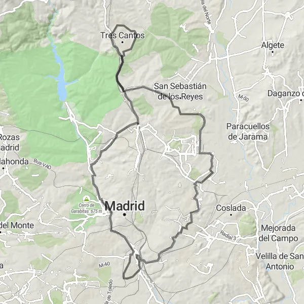 Miniatua del mapa de inspiración ciclista "Ruta Road Puente del Matadero-San Cristóbal de los Ángeles" en Comunidad de Madrid, Spain. Generado por Tarmacs.app planificador de rutas ciclistas